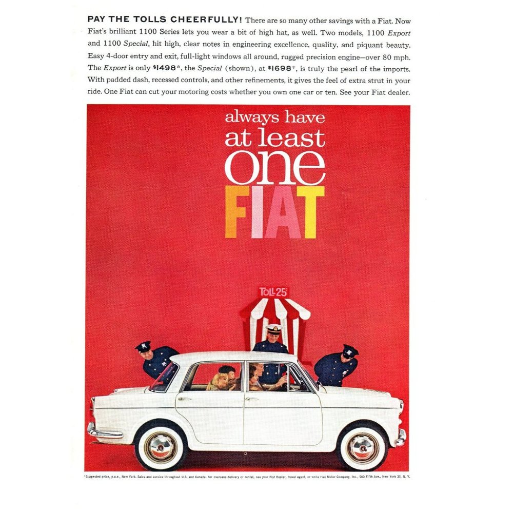 1962 Fiat 1100 Sedan Classic Car Vintage Print Ad Toll Booth Police Full Color